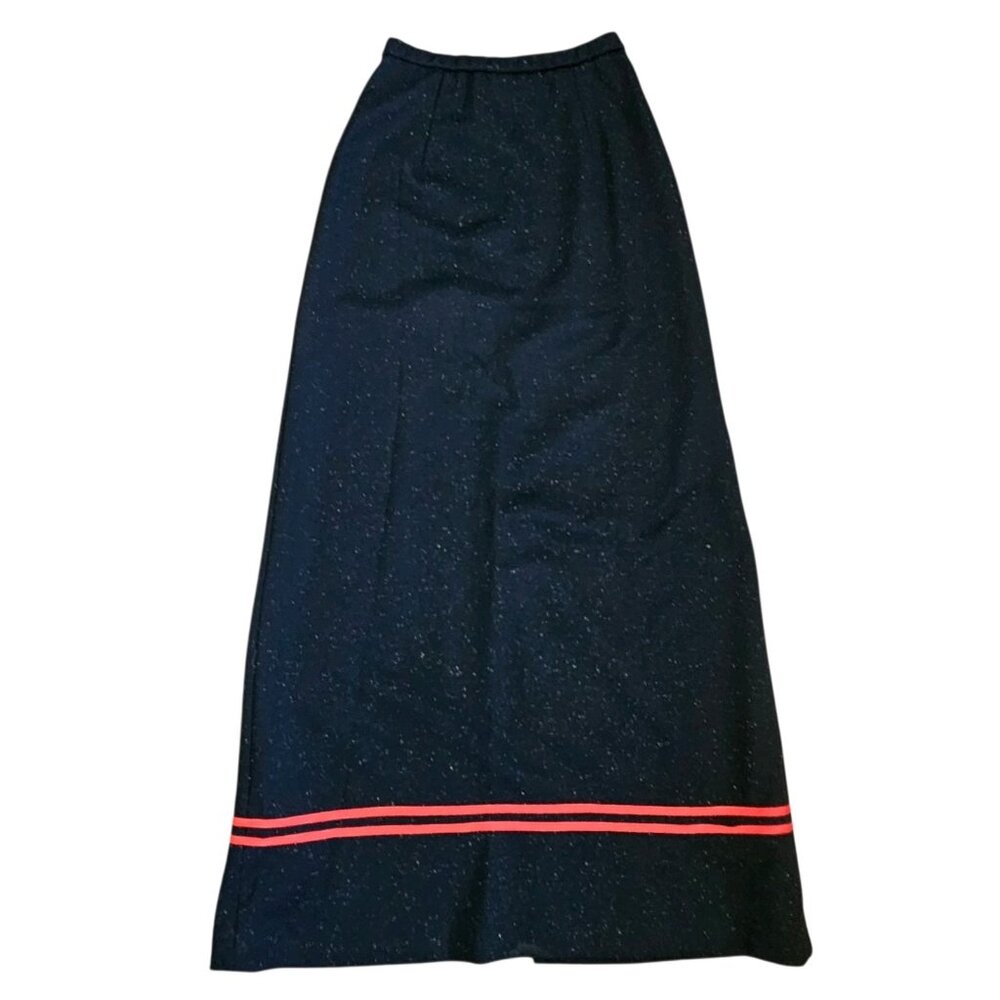 70s Womens Black Polyester Knit Long Maxi Skirt‎ Pullon Speckled Red Stripe XS/S